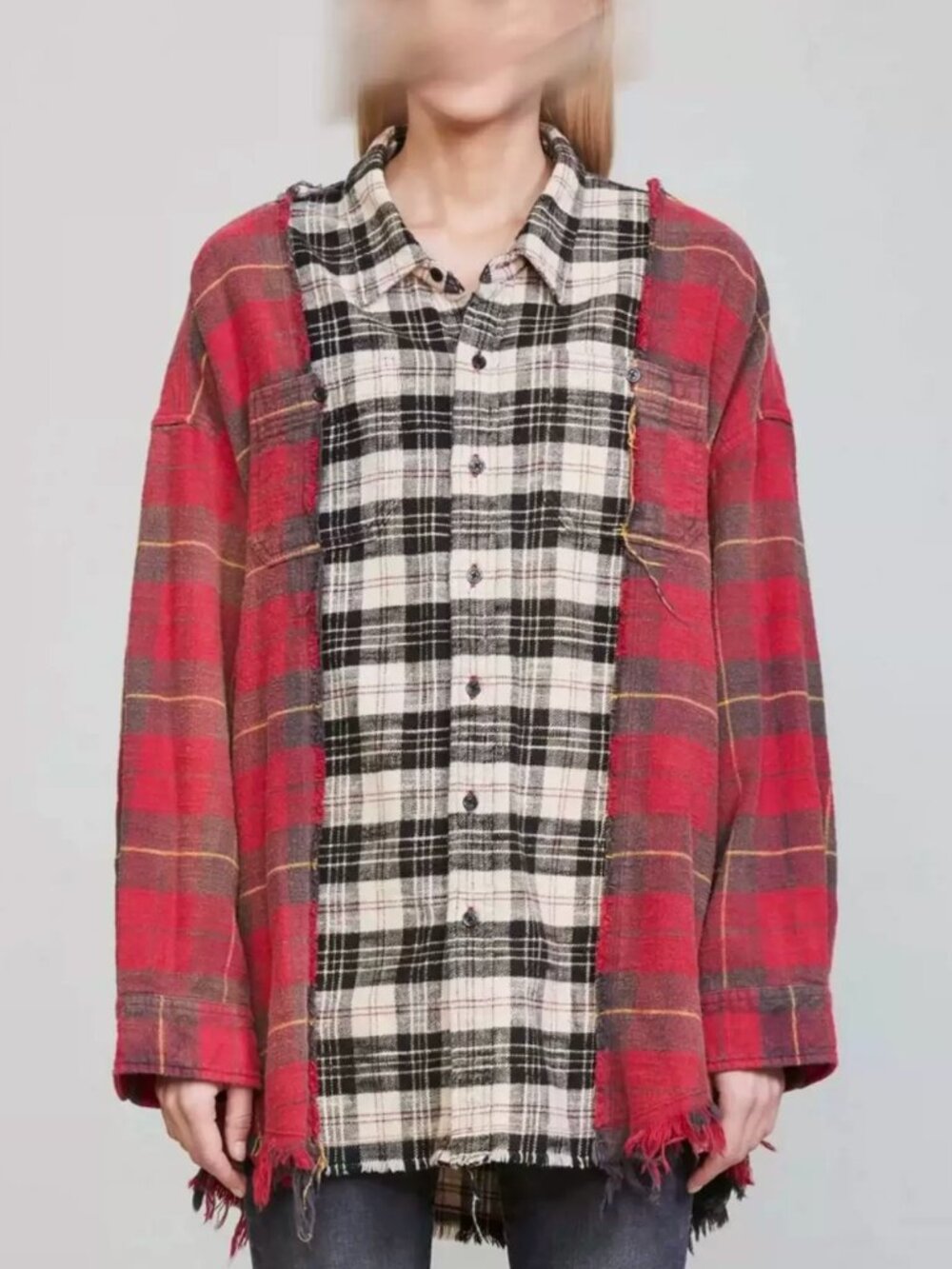 NWT R13 Oversized Distressed Checked Flannel Shirt - Red Beige Plaid